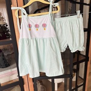 Hot air balloons embroidered applique gingham set smock dress shorts toddler bow